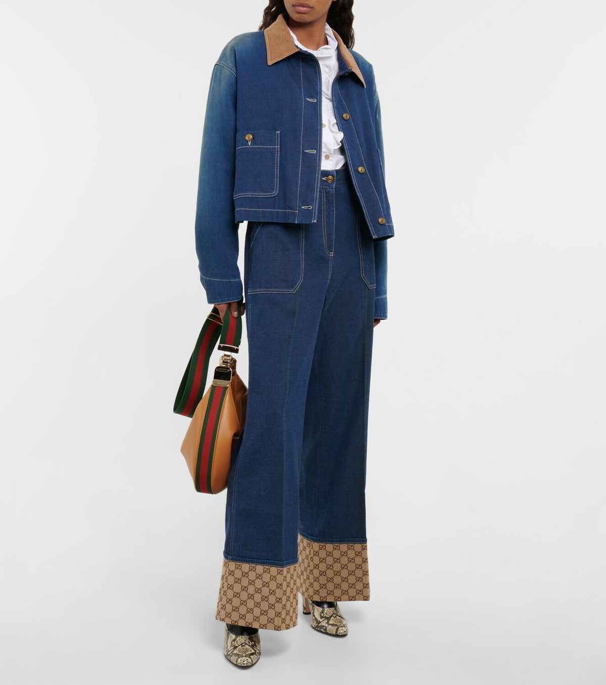 Gucci - GG canvas-trimmed wide-leg jeans Gucci