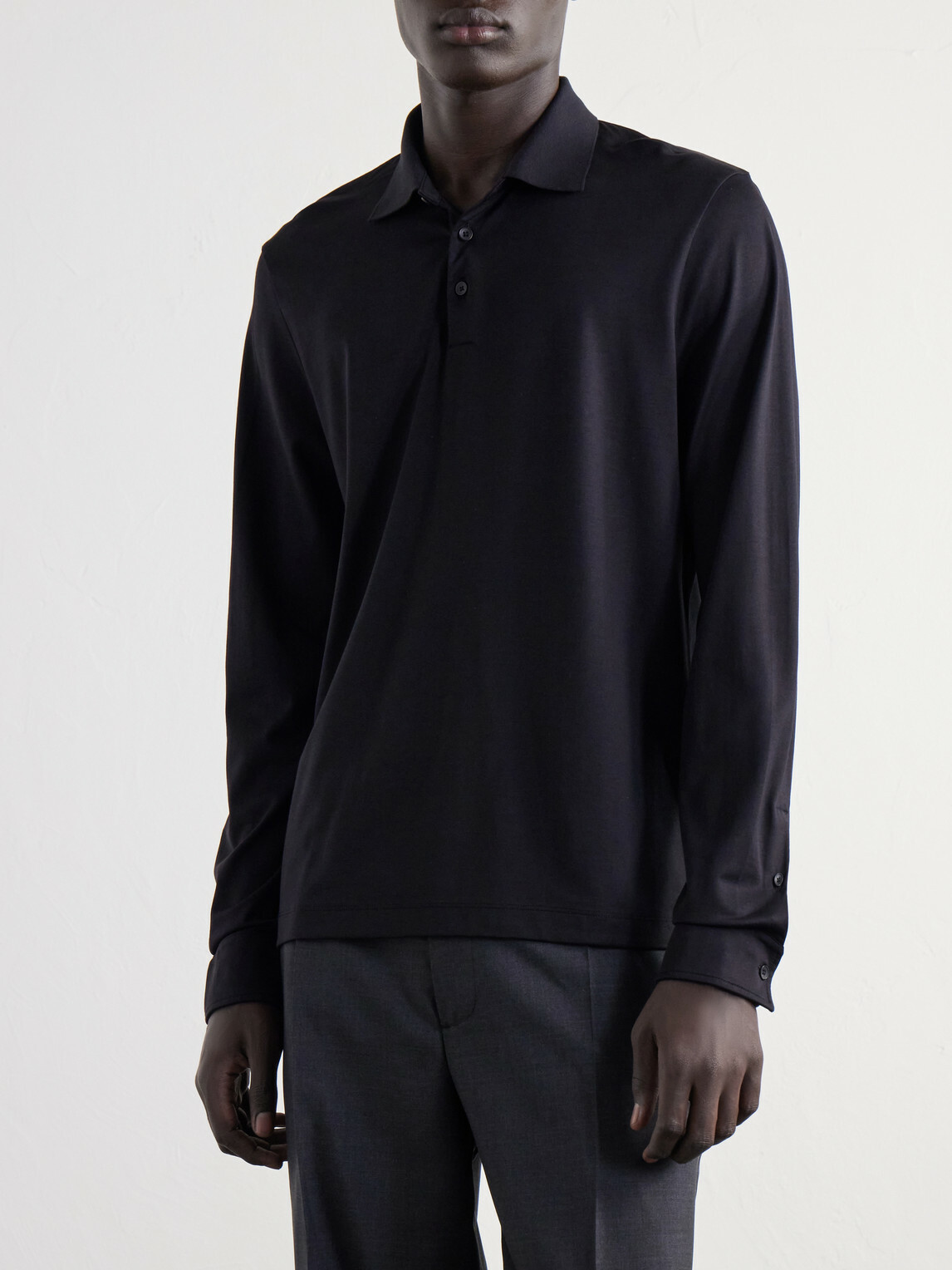 Mr P. - Silk and Cotton-Blend Polo Shirt - Black