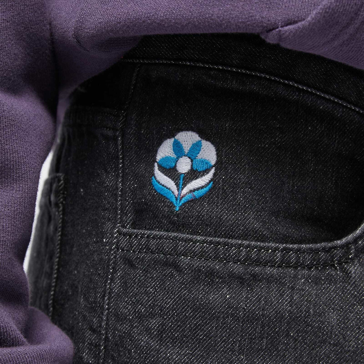 Blue Flowers Men's Denim Jeans in Washed Black