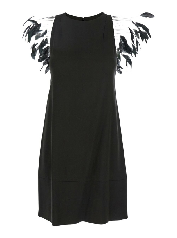 Photo: Merci Black Dress With Round Neckline And Feather Decorations In Fabric Woman