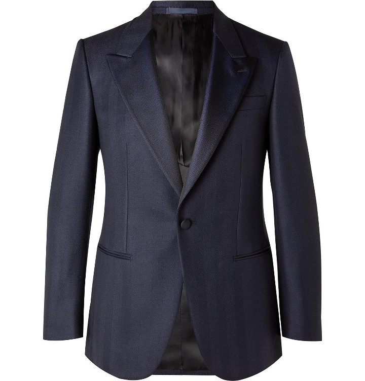 Photo: Kingsman - Arthur Harrison Slim-Fit Silk Faille-Trimmed Wool and Mohair-Blend Herringbone Tuxedo Jacket - Blue