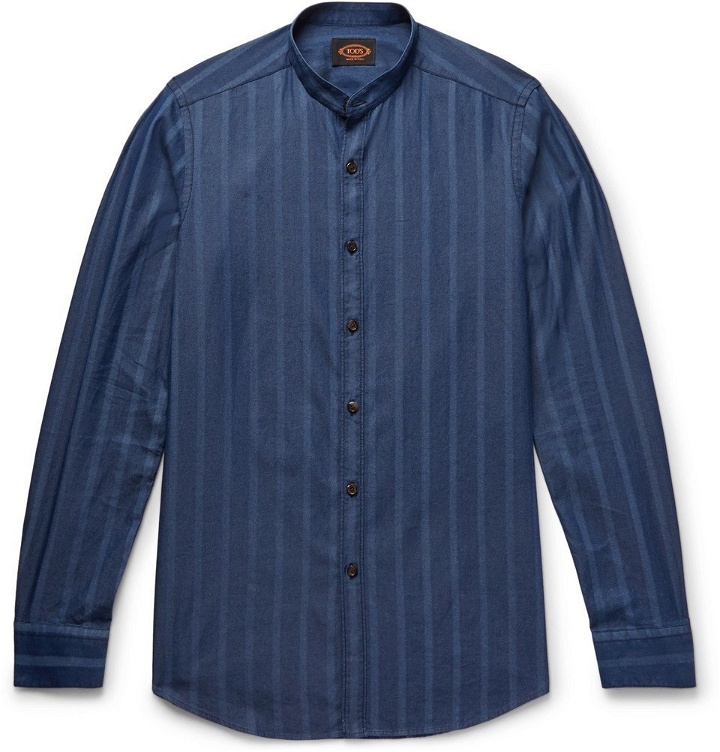 Photo: Tod's - Grandad-Collar Striped Cotton-Chambray Shirt - Men - Storm blue