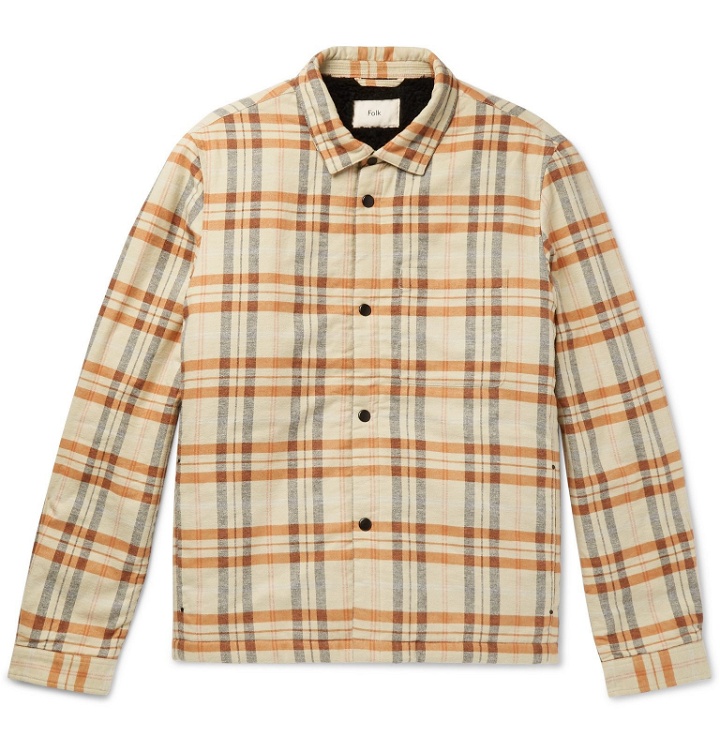 Photo: Folk - Checked Faux Shearling-Lined Cotton-Flannel Overshirt - Neutrals
