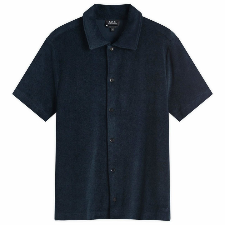 Photo: A.P.C. Men's Nicolo Terry Fleece Short Sleeve Shirt in Dark Navy