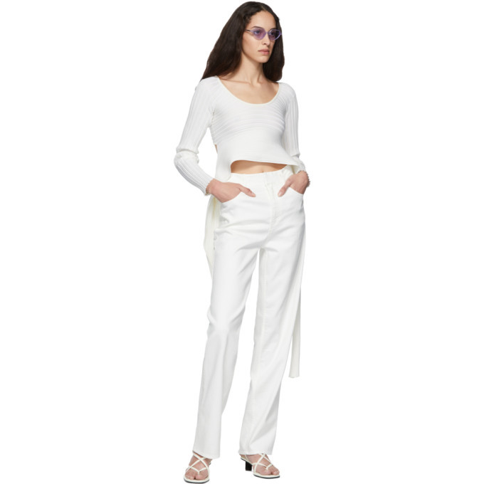 Tibi White Ribbed Decollete Wrap Sweater