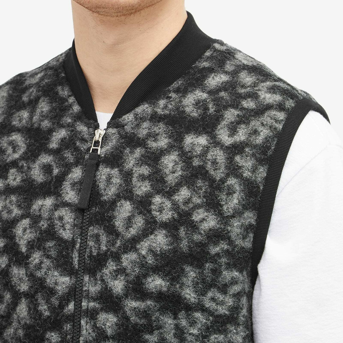 Universal Works Men's Leopard Wool Fleece Gilet in Black/Charcoal
