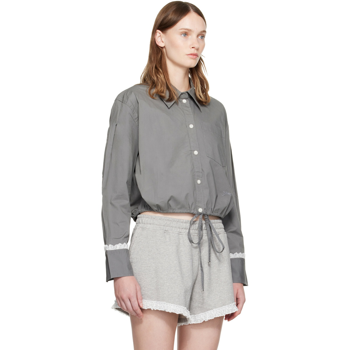 GANNI Gray Stretch Cotton Cropped Bowling Shirt