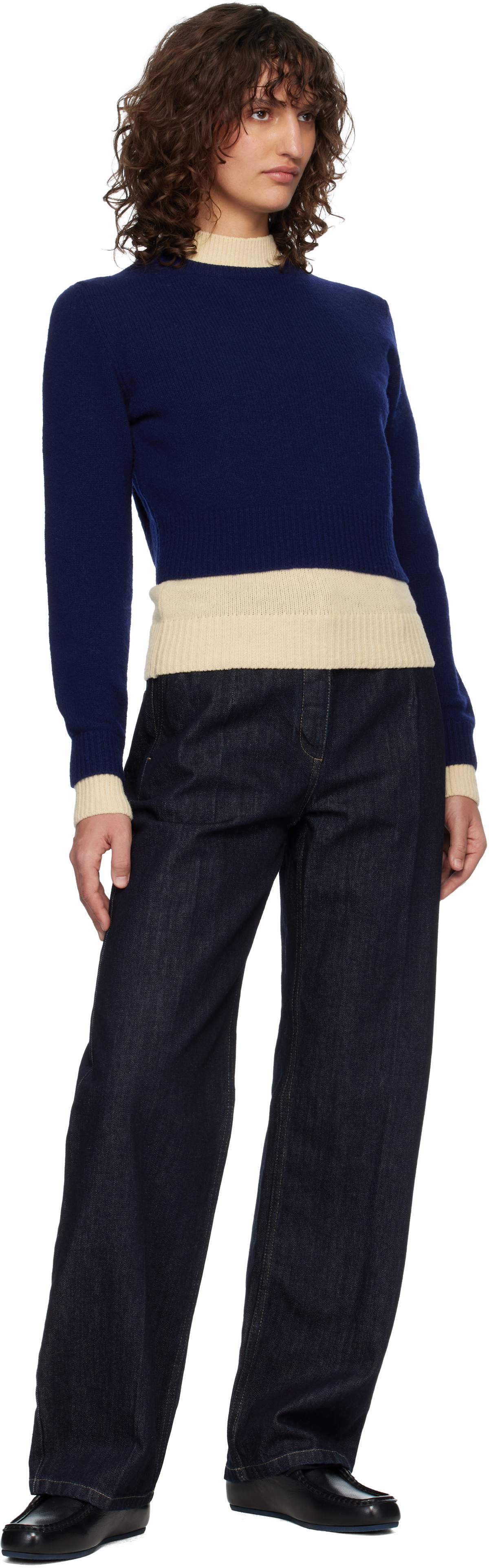 Jil Sander Blue & Off-White Wool Mock-Neck Sweater