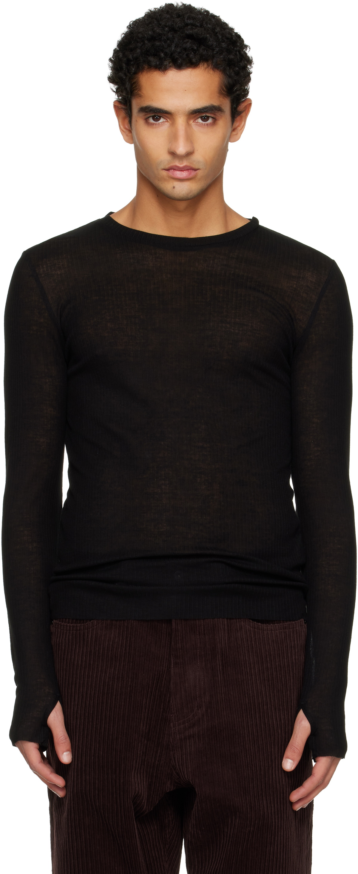 TONYWACK Black Sheer Wool Ribbed Knit T-shirt