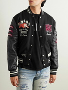 AMIRI - Appliquéd Embroidered Wool-Blend Twill and Leather Varsity Jacket - Black