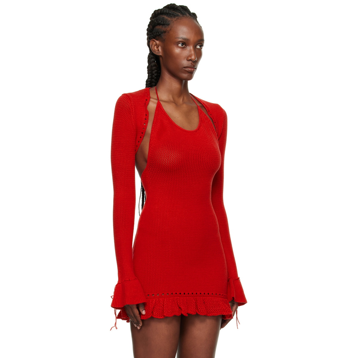 GUIZIO Red Crochet Ruffle Sleeve Bolero Cardigan