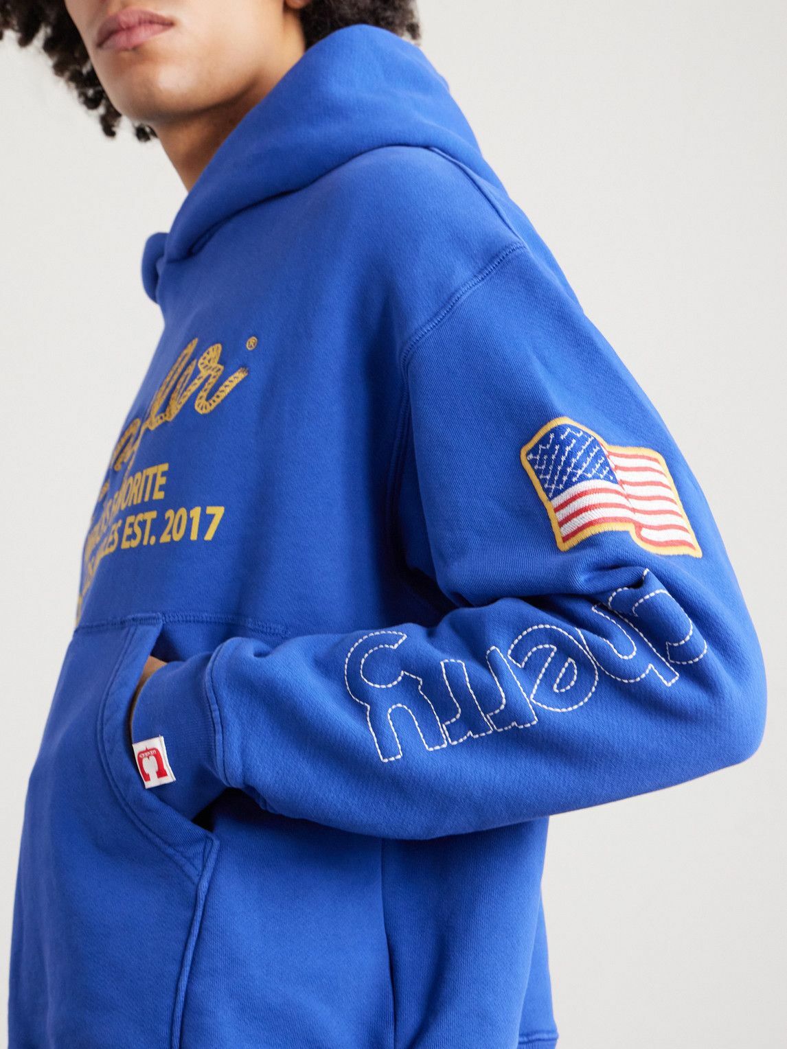 Cherry Los Angeles - Wrangler America's Favorite Logo-Embroidered Printed Cotton-Fleece Hoodie - Blue