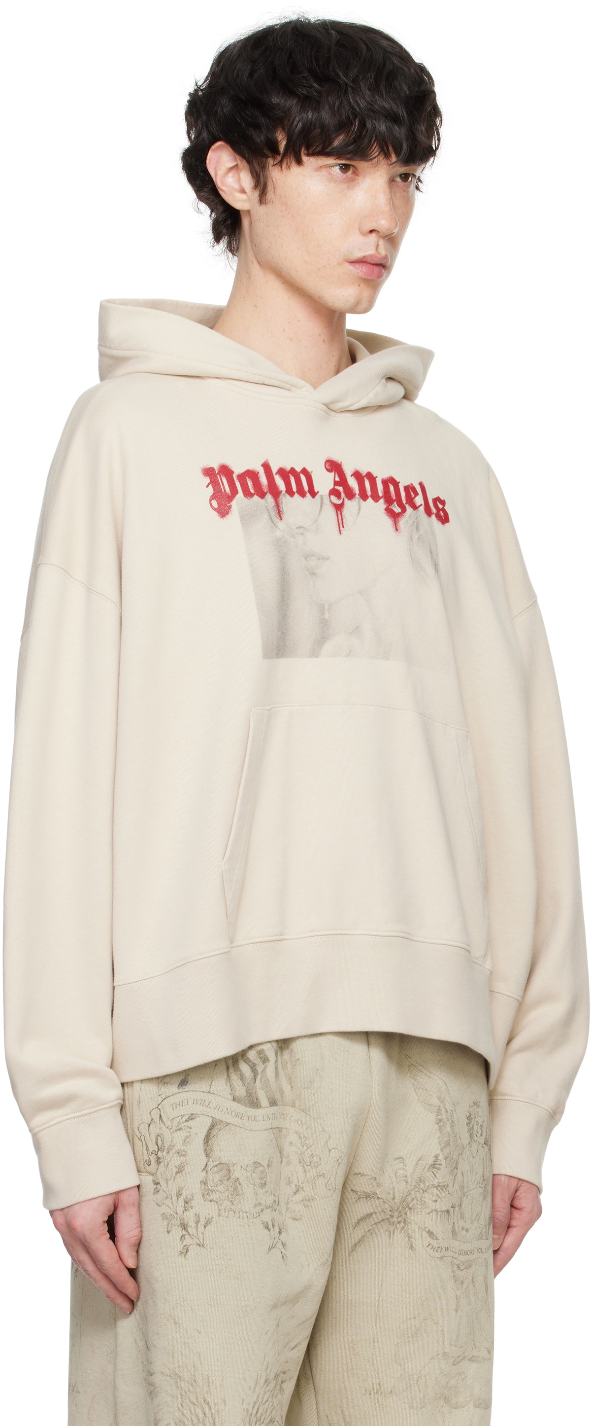 Palm Angels Beige Portrait Pencil Hoodie Palm Angels