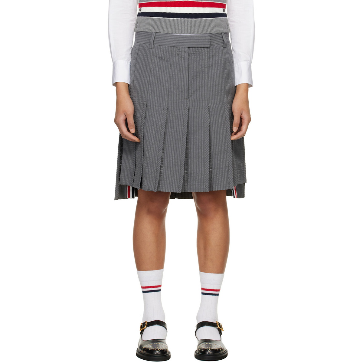 Thom Browne Gray Wool Seersucker Pleated Low Rise Miniskirt