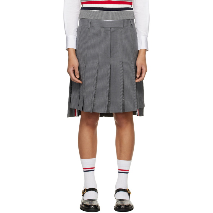Photo: Thom Browne Gray Wool Seersucker Pleated Low Rise Miniskirt