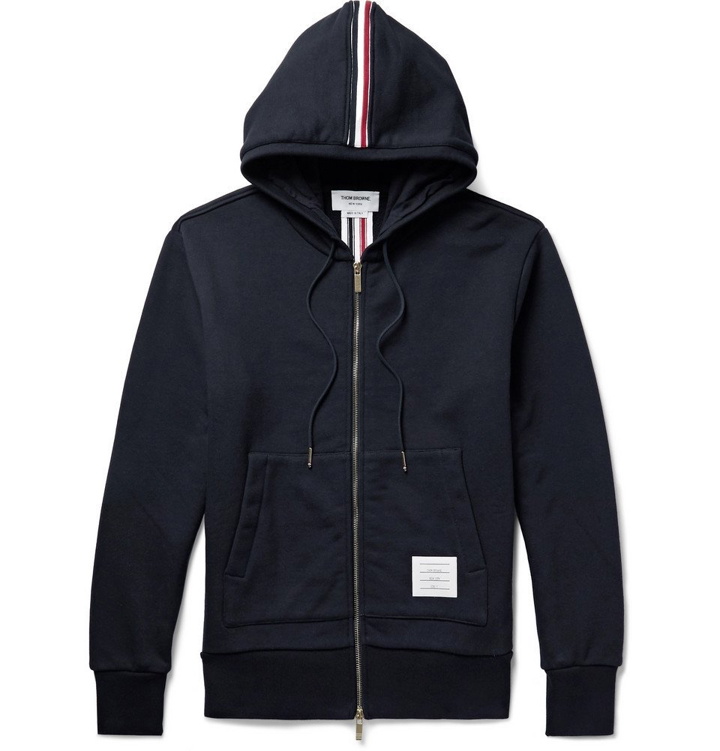 Photo: Thom Browne - Grosgrain-Trimmed Loopback Cotton-Jersey Zip-Up Hoodie - Men - Navy