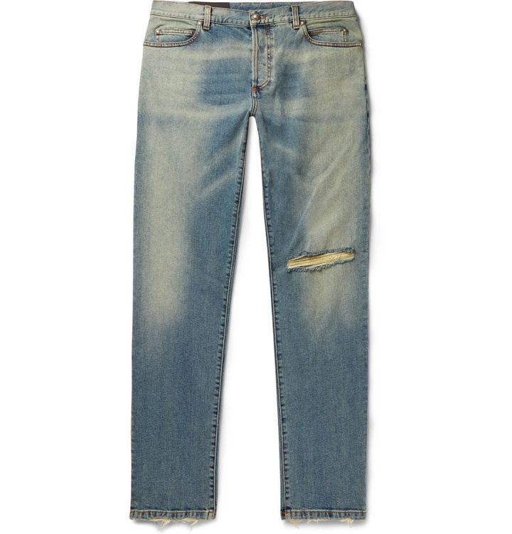 Photo: Balmain - Tapered Distressed Denim Jeans - Blue