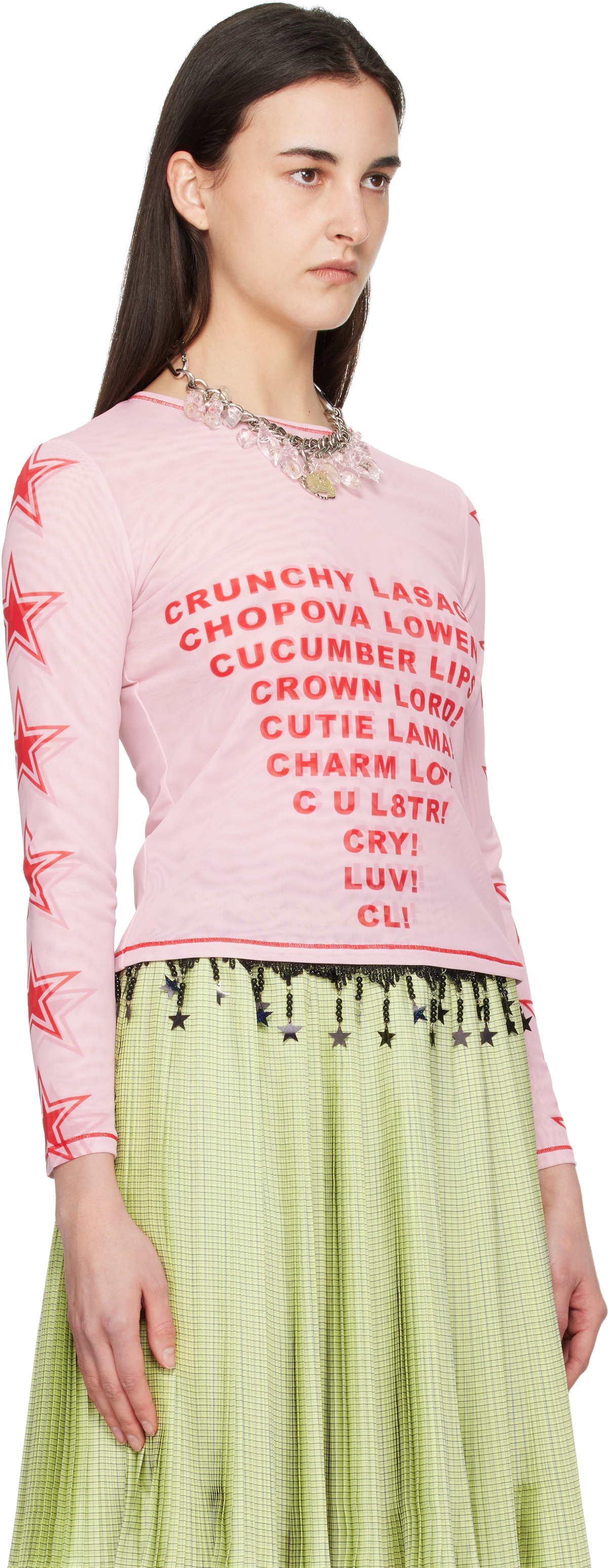 Chopova Lowena Pink 'Crunchy Lasagna' Fitted Mesh Top