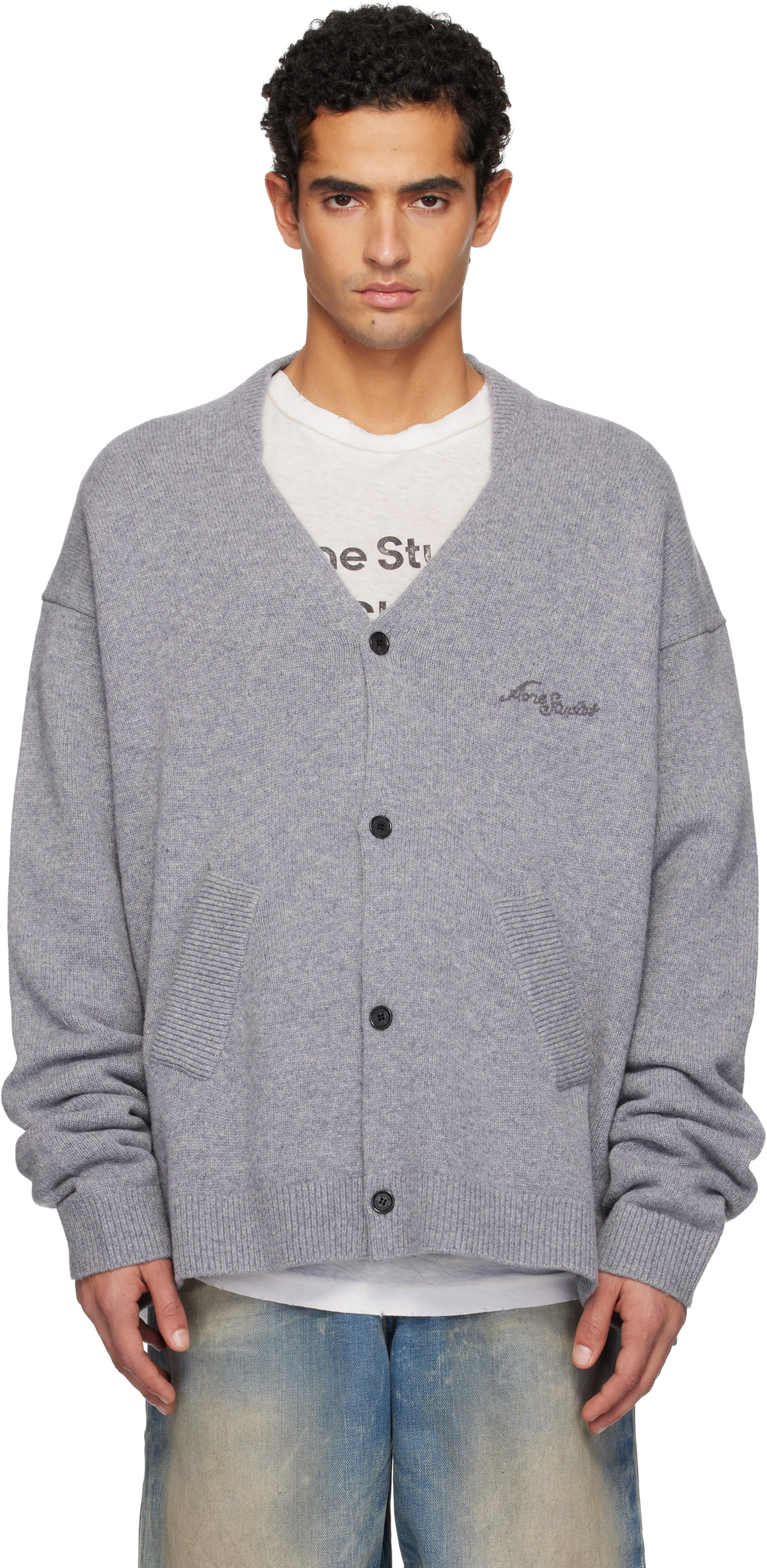 Acne Studios Gray Wool V-Neck Cardigan Acne Studios