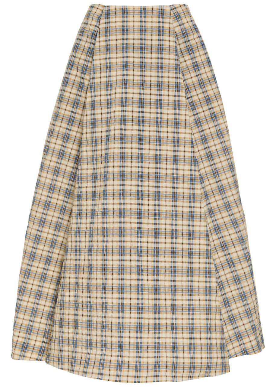 Bernadette Kennedy Plaid Seersucker Maxi Skirt Beige