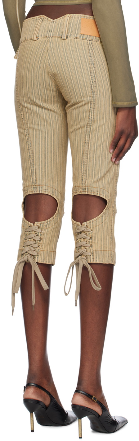 KNWLS Khaki & Beige Striped Capri Denim Shorts