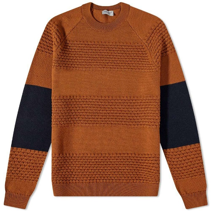 Photo: John Smedley Men's Colour Block Textured Crew Knit in Ginger/Midnight