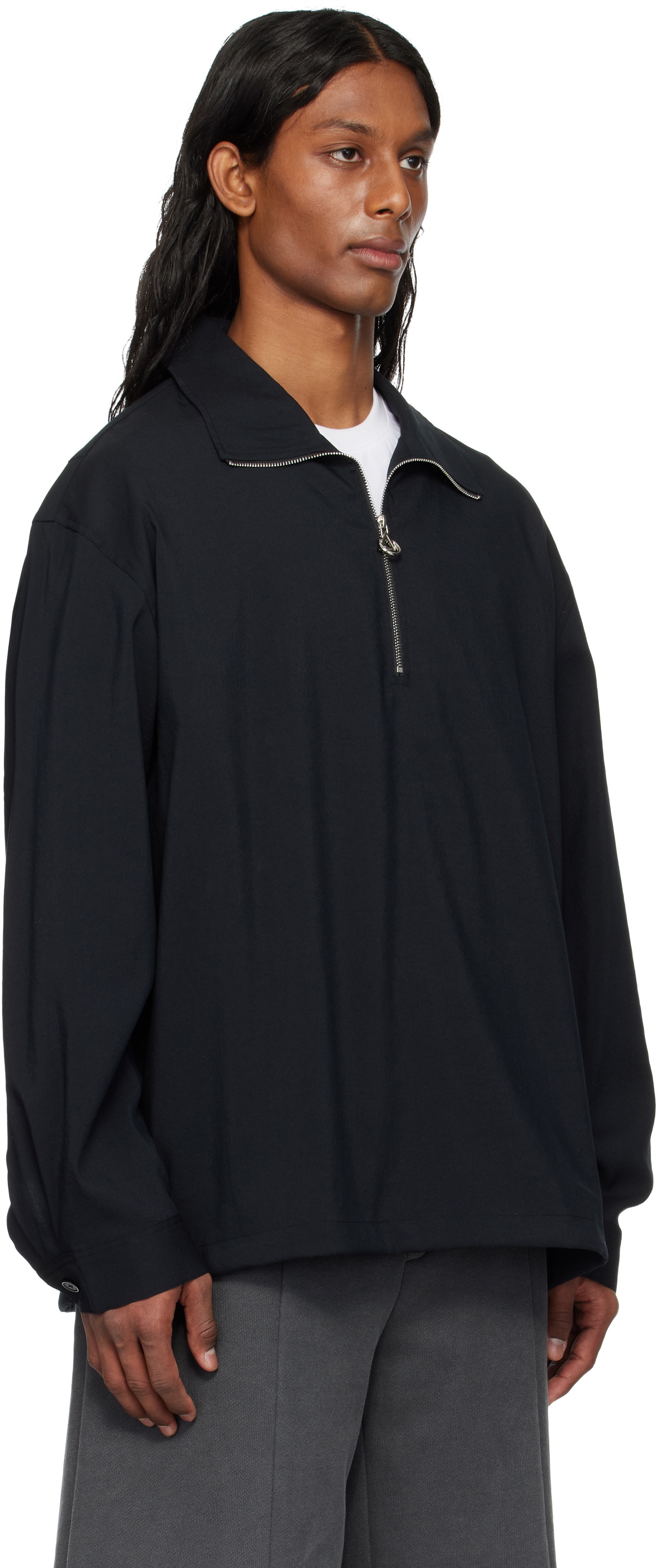 Solid Homme Black Half Zip Up Band Neck Sweatshirt