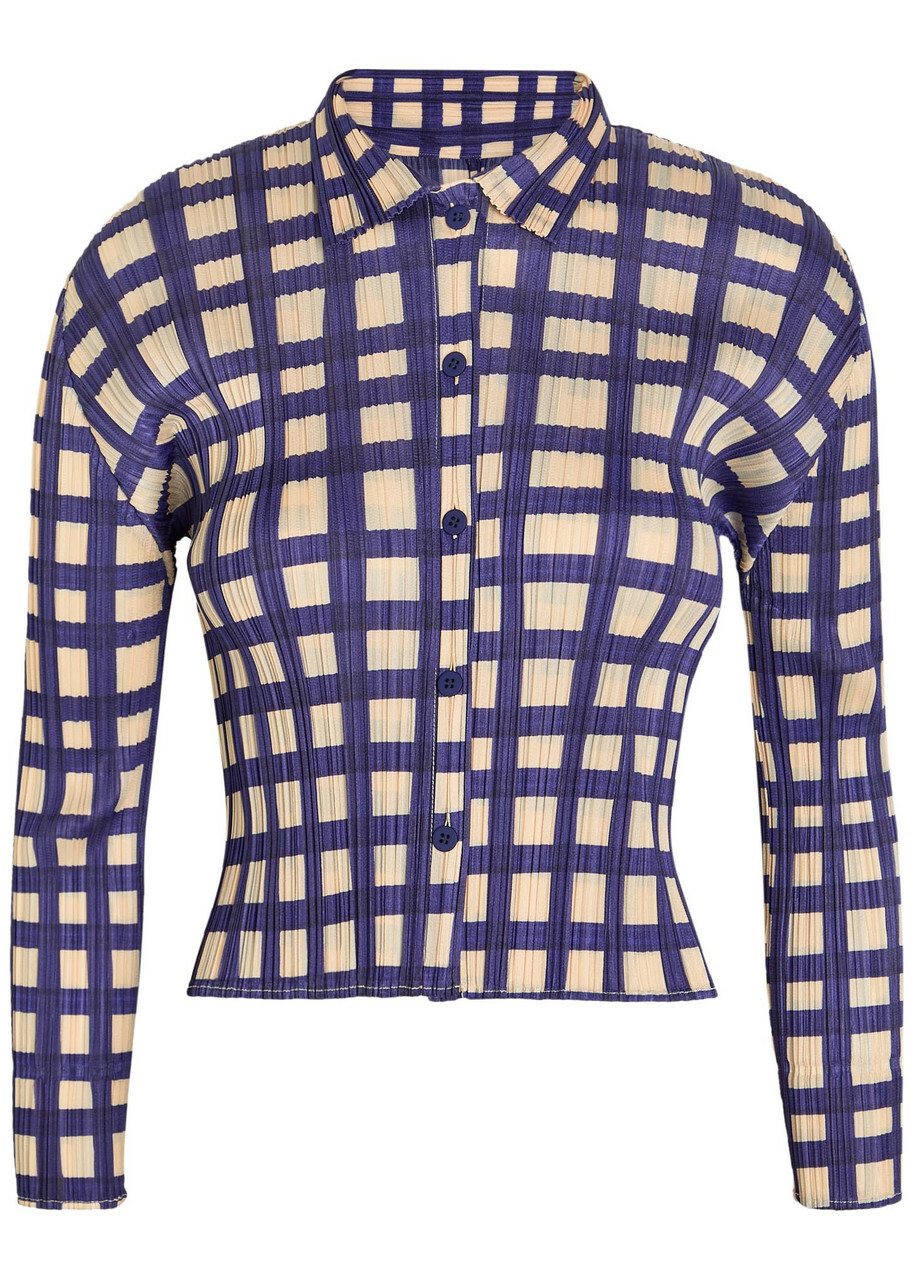 Pleats Please Issey Miyake Gingham Pleated Woven Shirt Navy