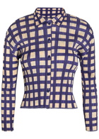 Pleats Please Issey Miyake Gingham Pleated Woven Shirt Navy