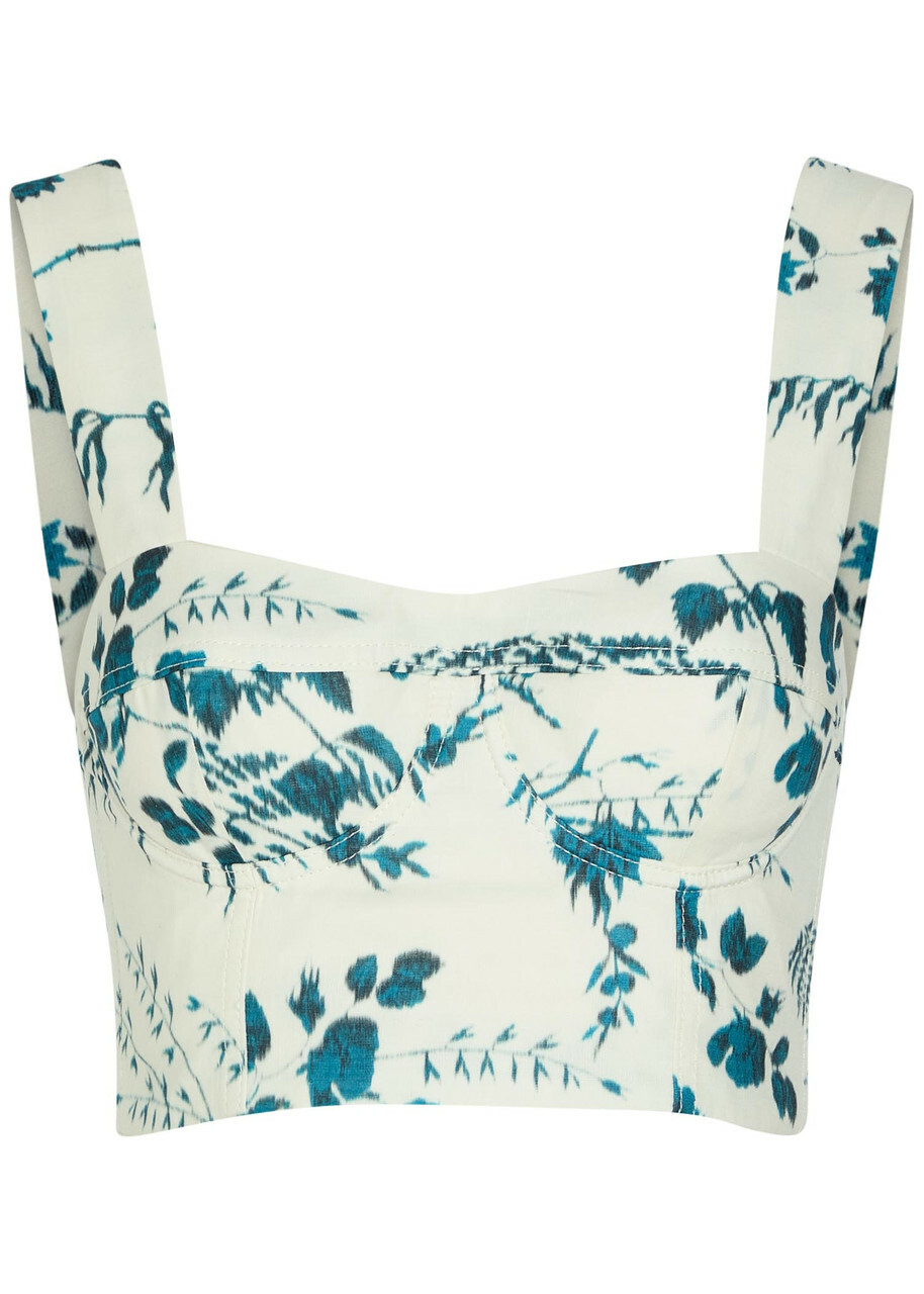 Erdem Floral-print Cotton and Linen-blend Crop top Blue