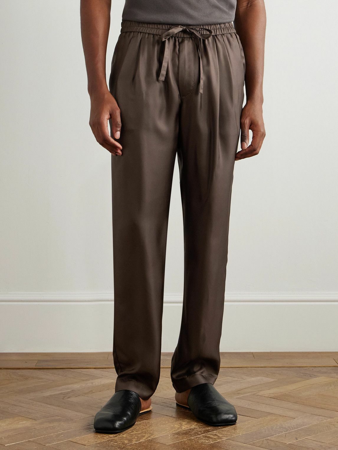 Dolce&Gabbana - Tapered Pleated Silk-Twill Drawstring Suit Trousers - Brown