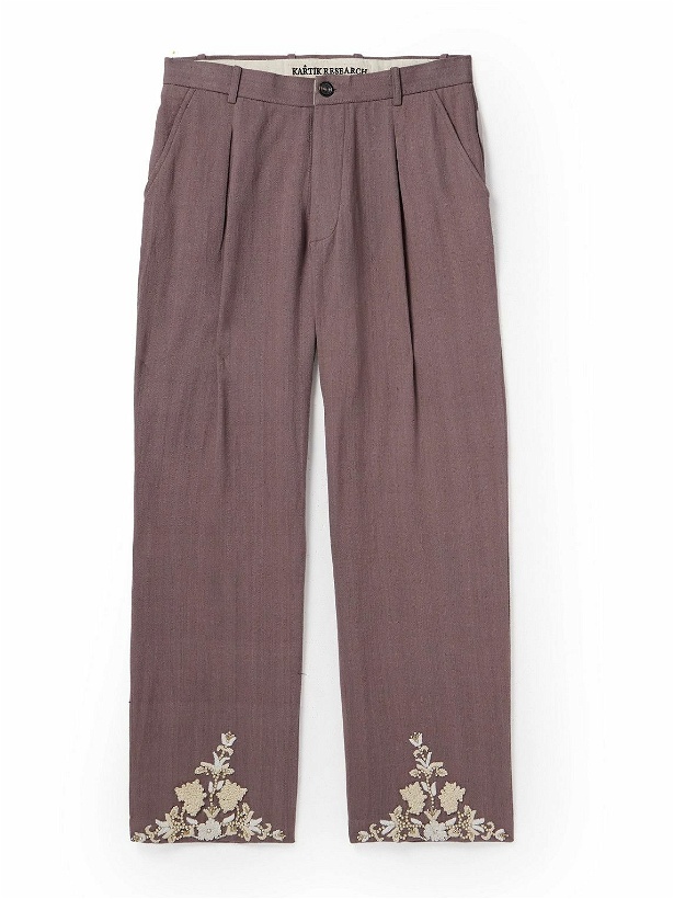 Photo: Kartik Research - Straight-Leg Embellished Pleated Cotton Trousers - Purple