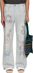 Glass Cypress Blue Embroidered Oversized Denim Jeans