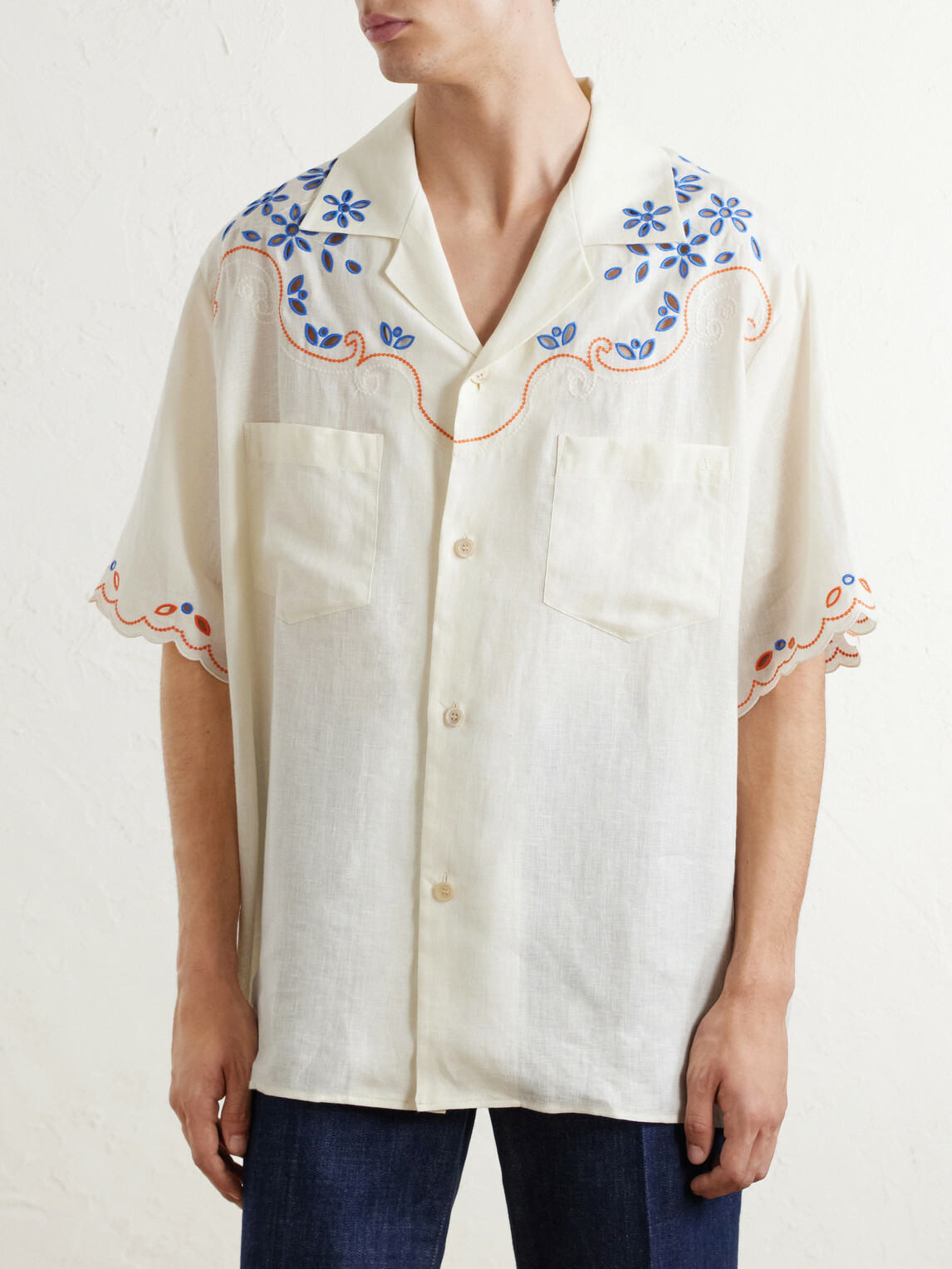 Valentino Garavani - Camp-Collar Embroidered Linen Shirt - Neutrals
