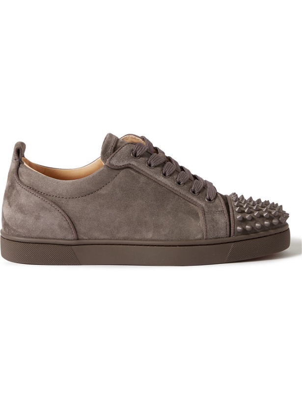 Photo: CHRISTIAN LOUBOUTIN - Louis Junior Spikes Cap-Toe Suede Sneakers - Gray
