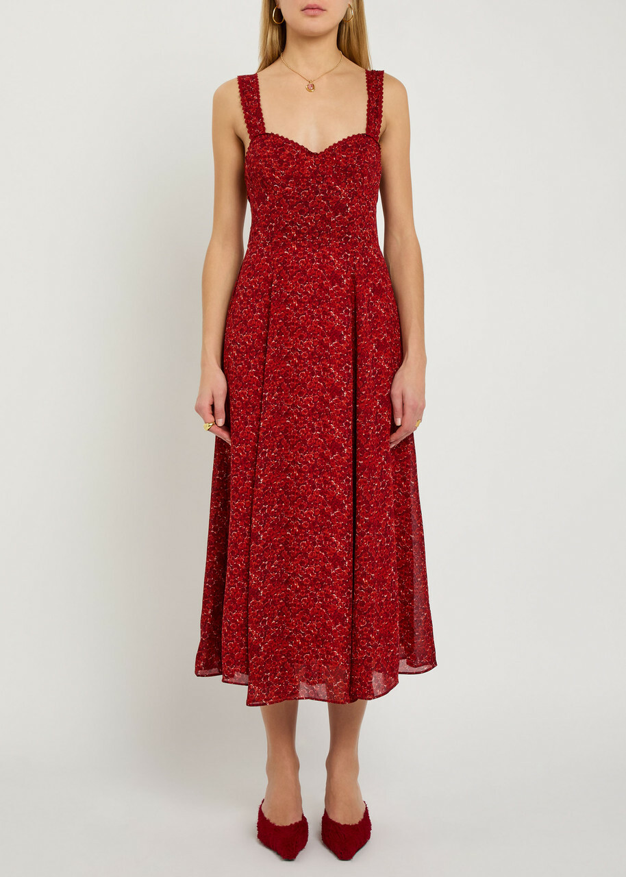 Reformation Lela Floral-print Georgette Midi Dress Red