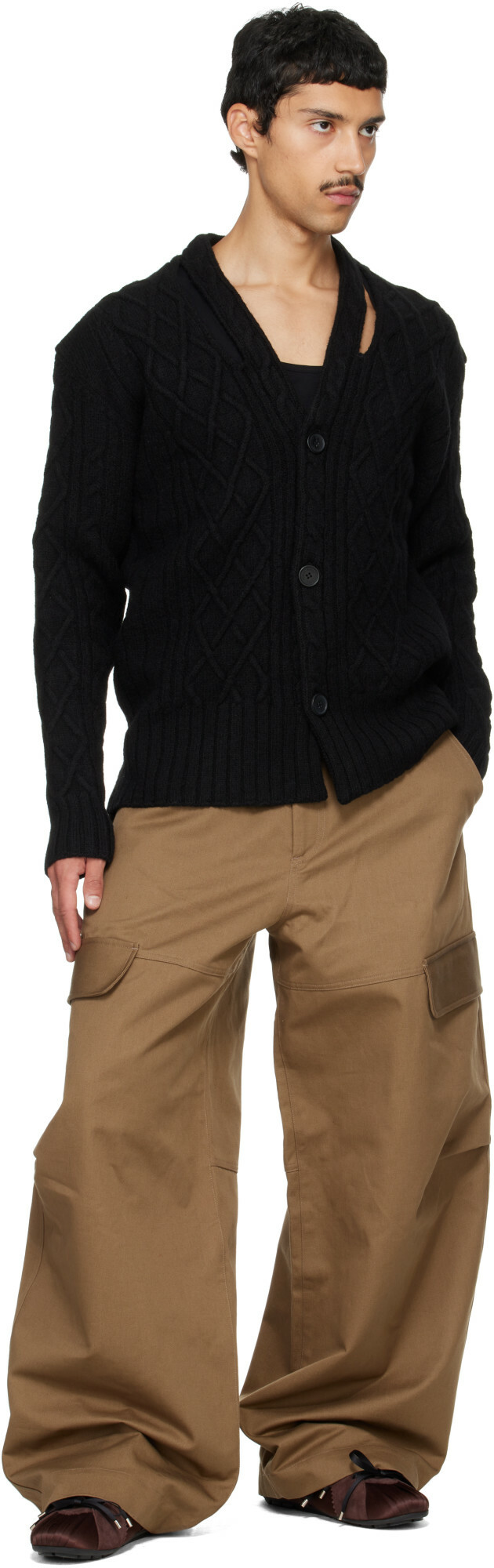Simone Rocha Black Cable Knit Slash Cardigan