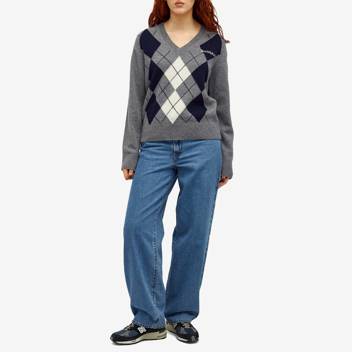 Sporty & Rich Women's Serif Logo Argyle Sweater in Heather Gray