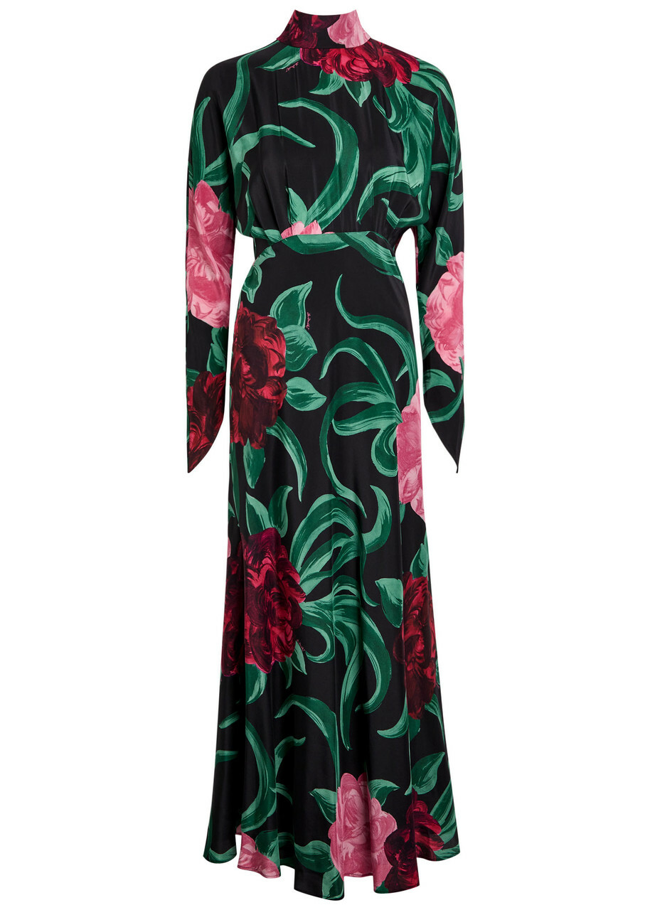 LA Double J Gilda Floral-print Silk Maxi Dress Black