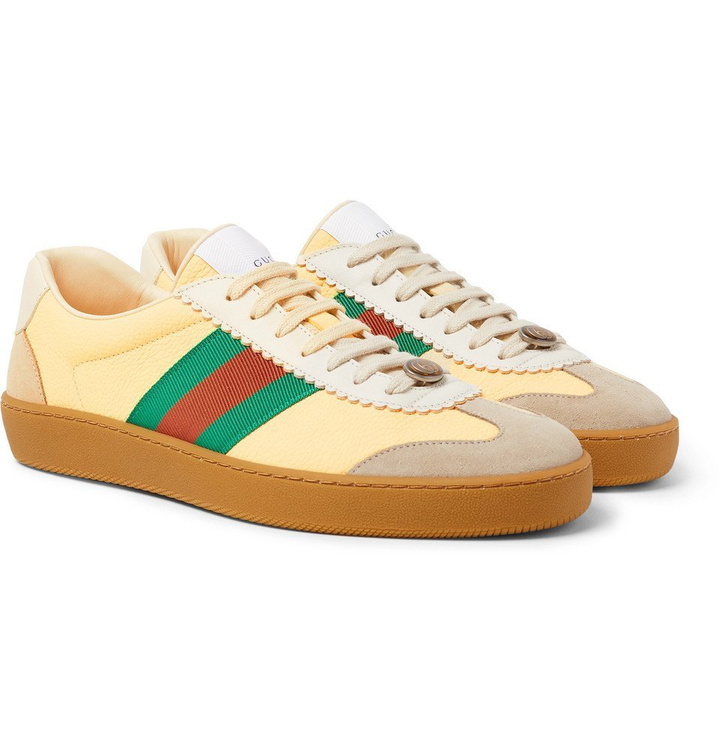 Photo: Gucci - Webbing-Trimmed Leather and Suede Sneakers - Men - Yellow