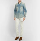 Balmain - Grandad-Collar Logo-Embroidered Distressed Denim Shirt - Blue