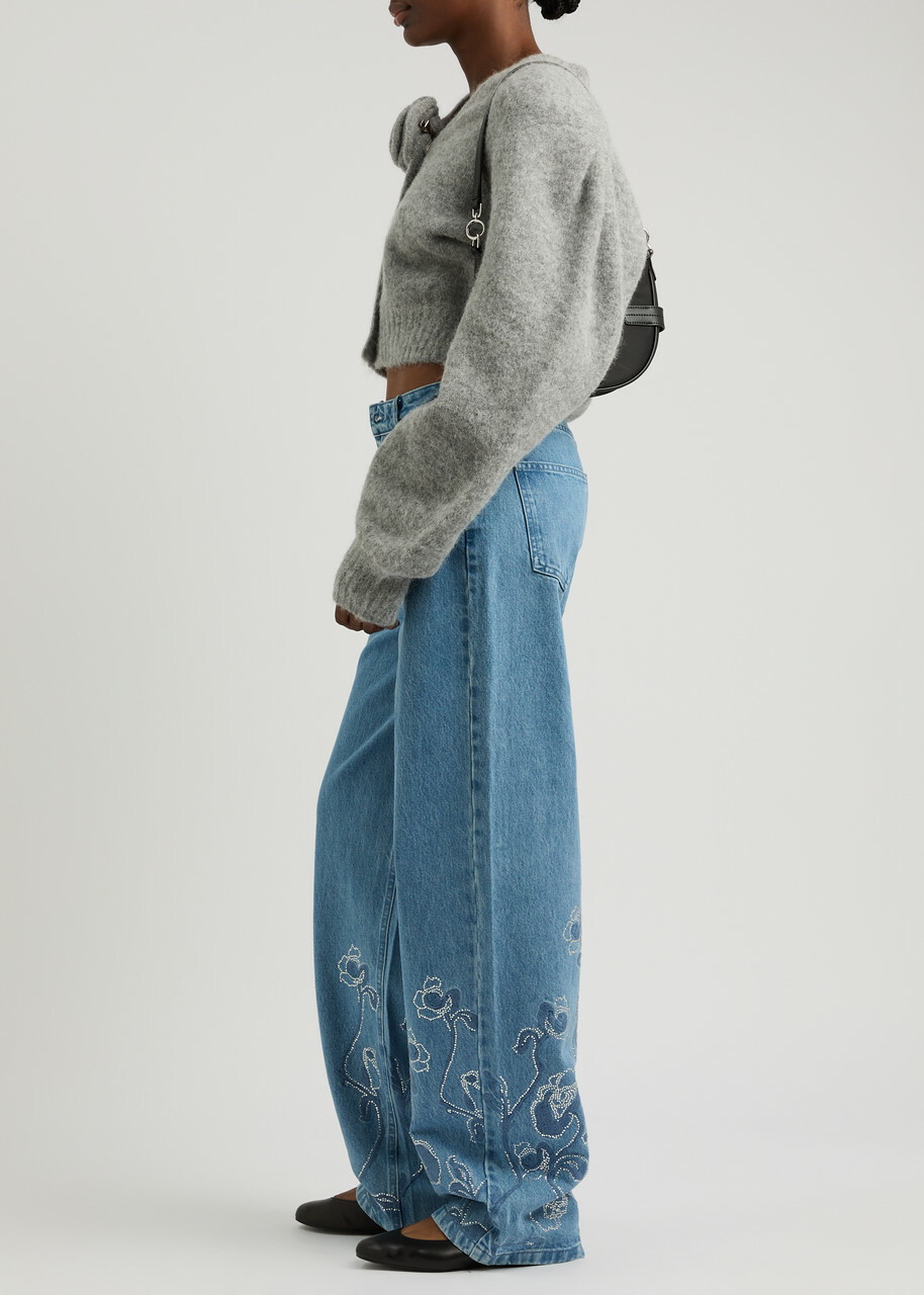 Rotate Sunday Floral-embellished Knitted Cardigan Grey