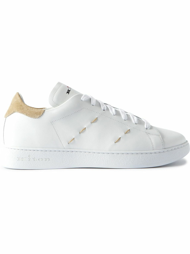Photo: Kiton - Suede-Trimmed Embroidered Logo-Print Leather Sneakers - White