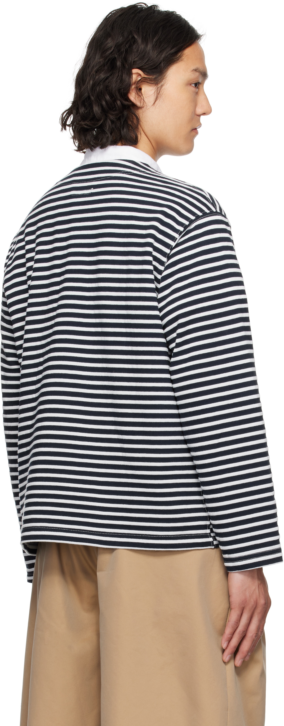 Engineered Garments White & Navy PC Stripe Jersey Knit Cardigan