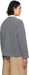 Engineered Garments White & Navy PC Stripe Jersey Knit Cardigan