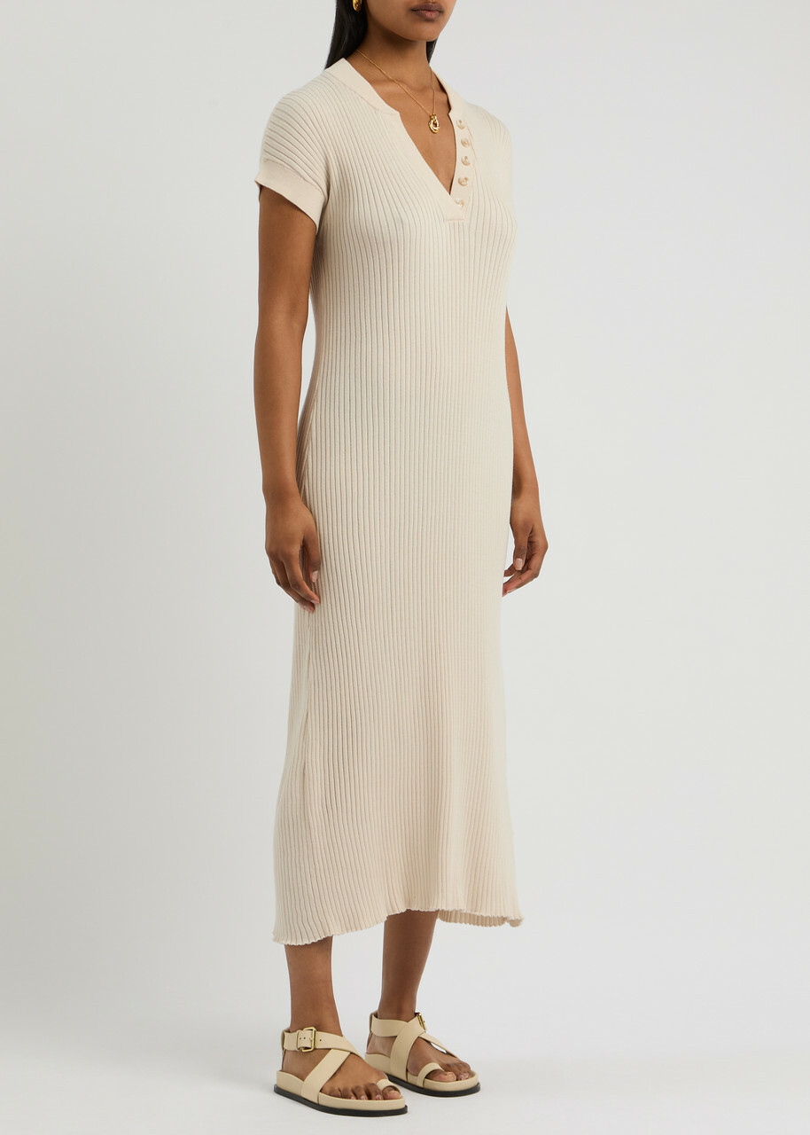 white christmas dresses Jannis Power Shoulder Ribbed Midi Dress -Cream
