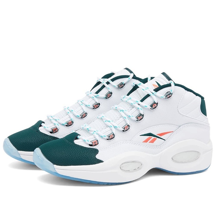 Photo: Reebok Men's Question Mid Sneakers in White/Forest Green/Orange Flare