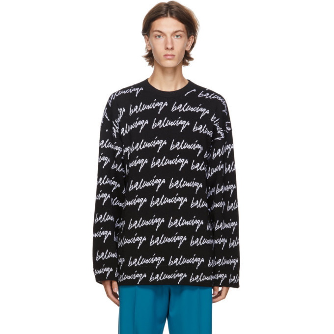 Photo: Balenciaga Black and White Knit Scribble Logo Sweater