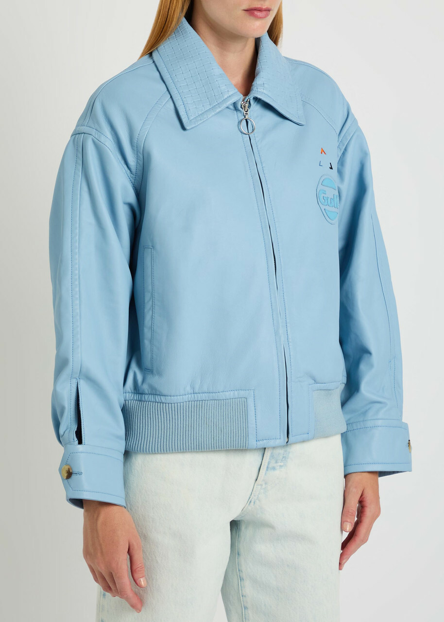 AN-Y1 Cargo Bomber Logo-embossed Leather Bomber Jacket Light Blue