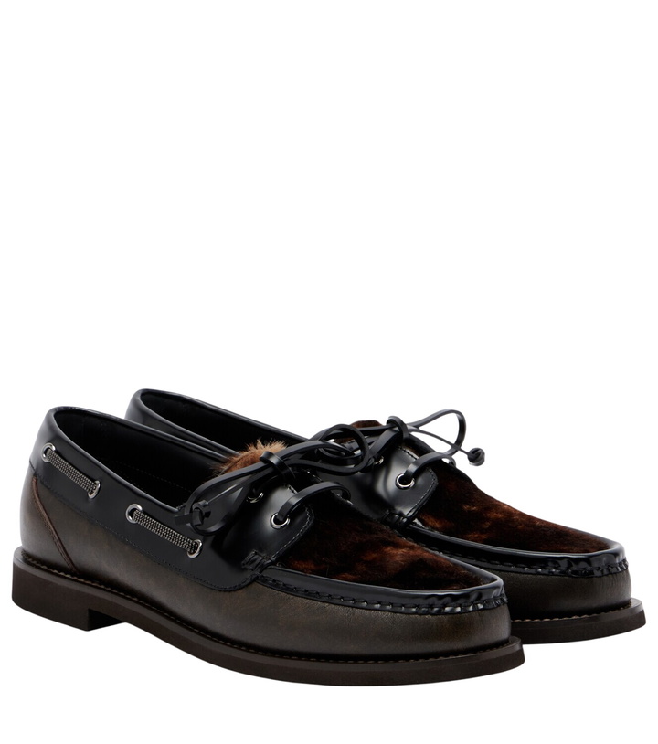 Photo: Brunello Cucinelli Monili calf hair-trimmed leather boat shoes